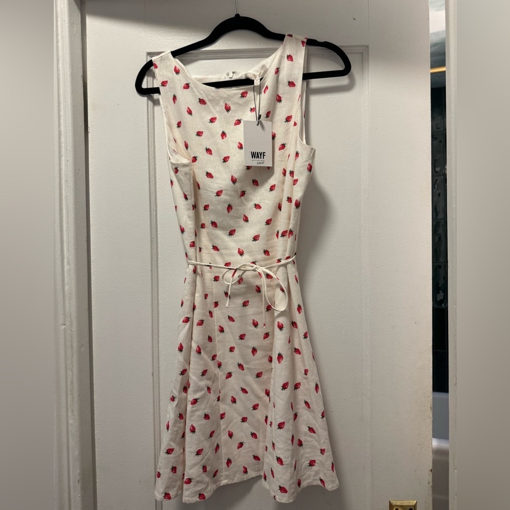 Wayf Cream Dress with Red Strawberry Print